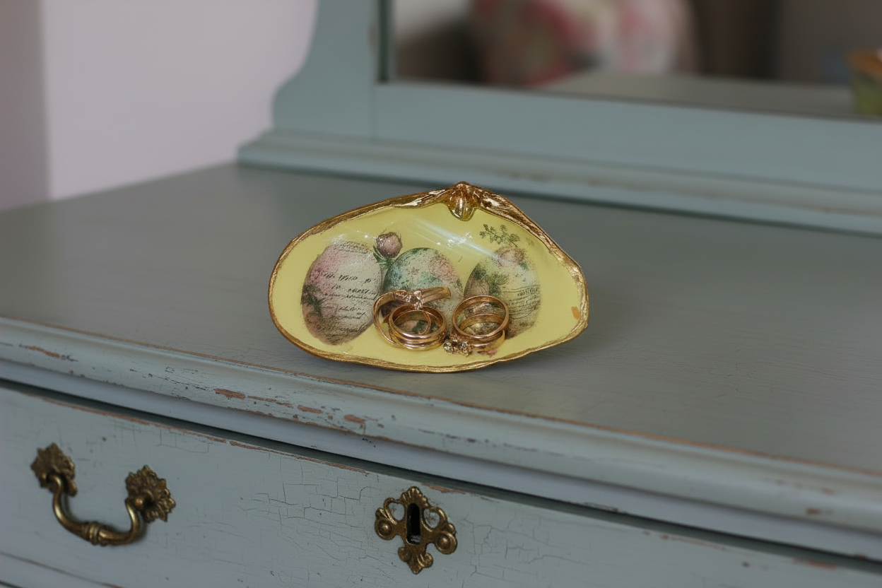 Shell Art - Surf Clam Ring or Soap 🧼 Dish - Vintage Eggs 🥚 on Pastel Yellow 💛