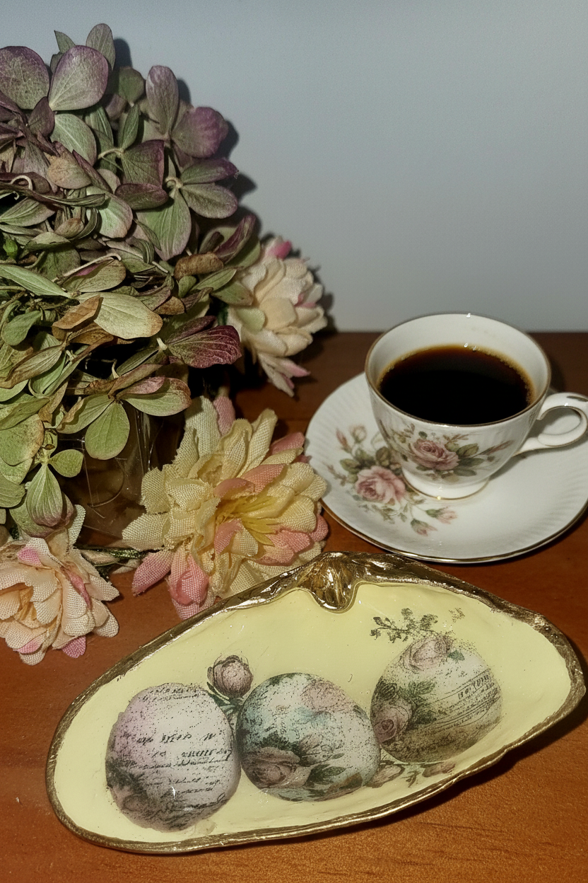 Shell Art - Surf Clam Ring or Soap 🧼 Dish - Vintage Eggs 🥚 on Pastel Yellow 💛