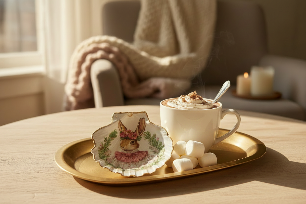 Shell Art - NZ Scallop - Woodland Whimsy Miss Rabbit 🐇 Trinket/Display Dish (with Golden Stag Antler stand)