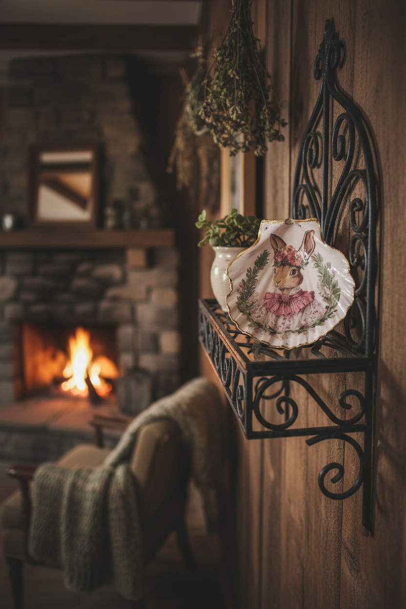 Shell Art - NZ Scallop - Woodland Whimsy Miss Rabbit 🐇 Trinket/Display Dish (with Golden Stag Antler stand)
