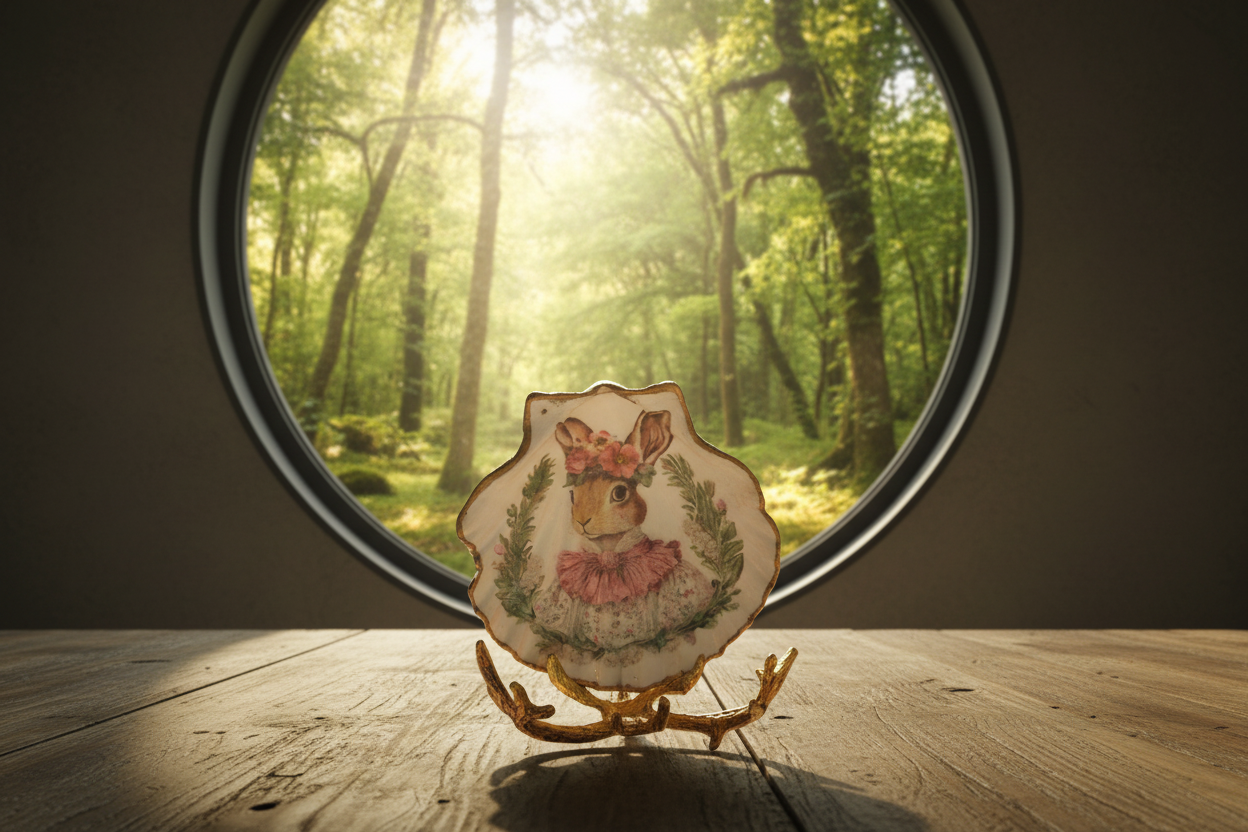 Shell Art - NZ Scallop - Woodland Whimsy Miss Rabbit 🐇 Trinket/Display Dish (with Golden Stag Antler stand)
