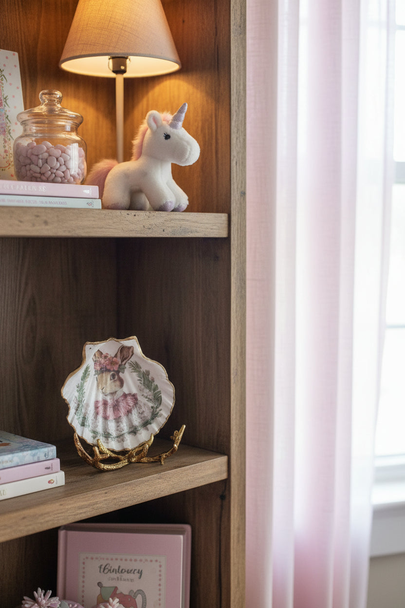 Shell Art - NZ Scallop - Woodland Whimsy Miss Rabbit 🐇 Trinket/Display Dish (with Golden Stag Antler stand)