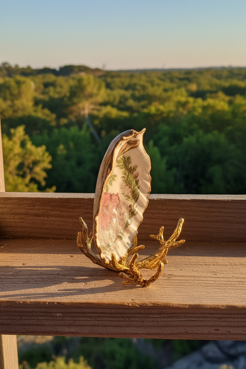 Shell Art - NZ Scallop - Woodland Whimsy Miss Rabbit 🐇 Trinket/Display Dish (with Golden Stag Antler stand)