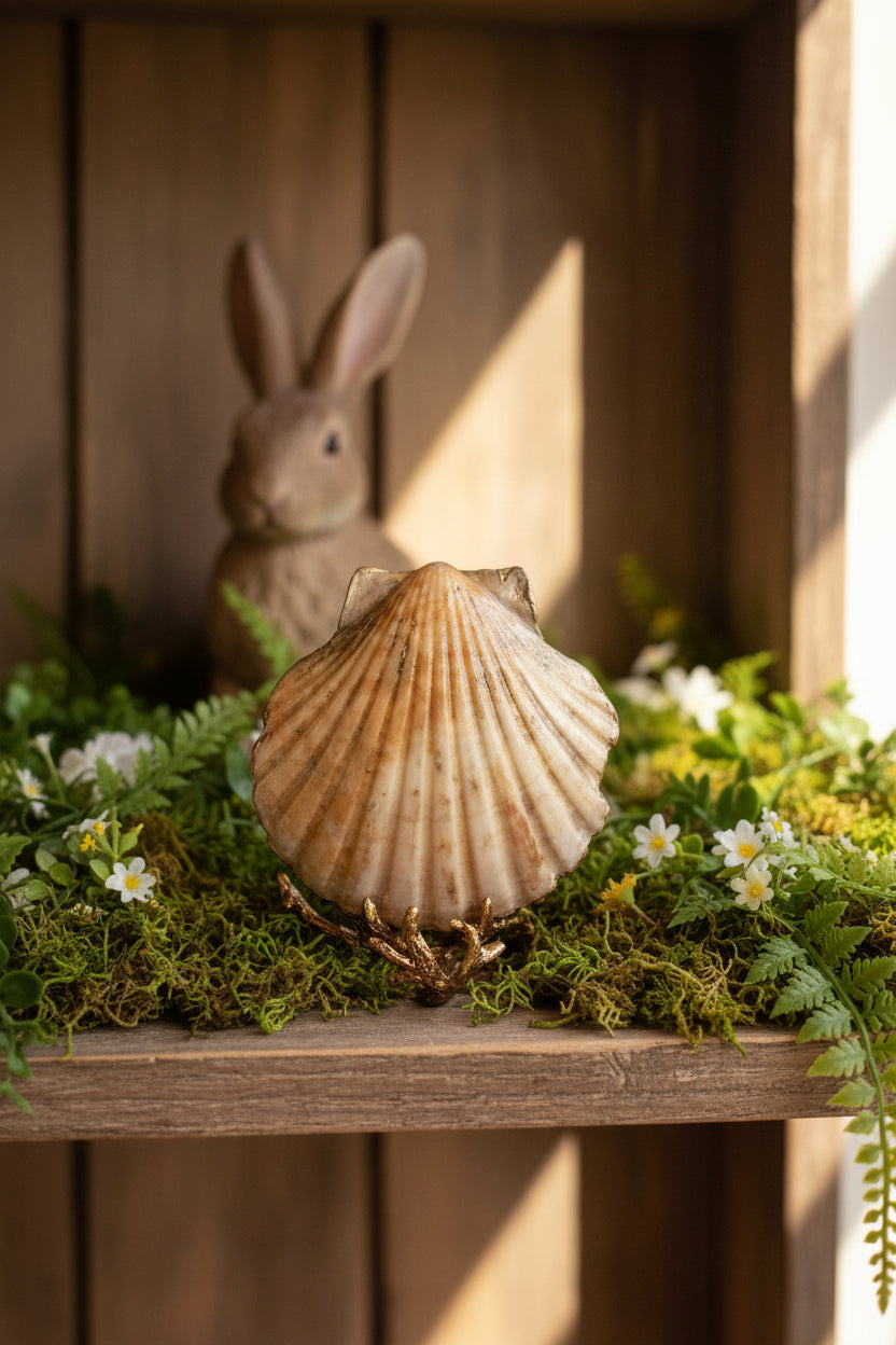 Shell Art - NZ Scallop - Woodland Whimsy Miss Rabbit 🐇 Trinket/Display Dish (with Golden Stag Antler stand)