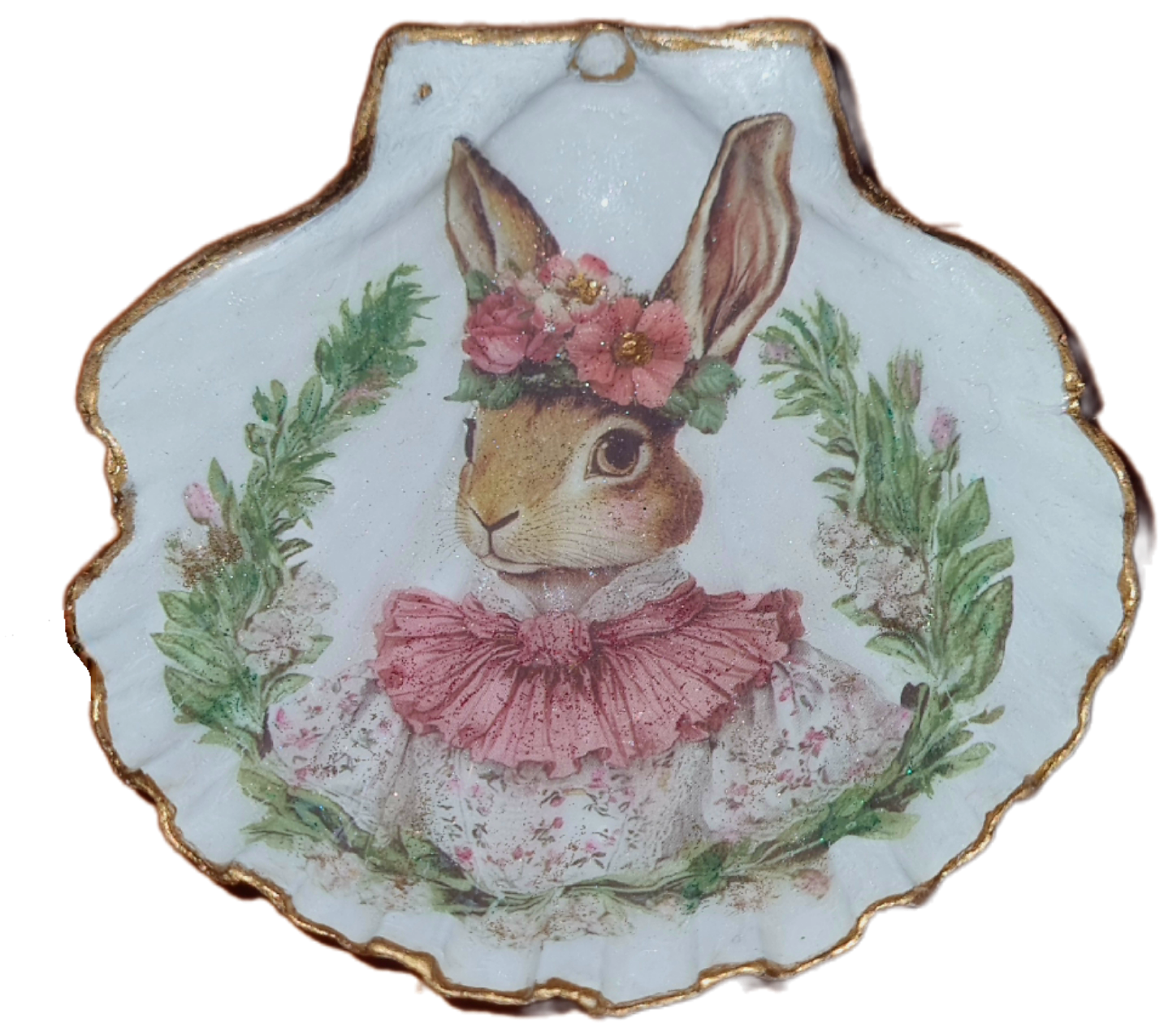 Shell Art - NZ Scallop - Woodland Whimsy Miss Rabbit 🐇 Trinket/Display Dish (with Golden Stag Antler stand)