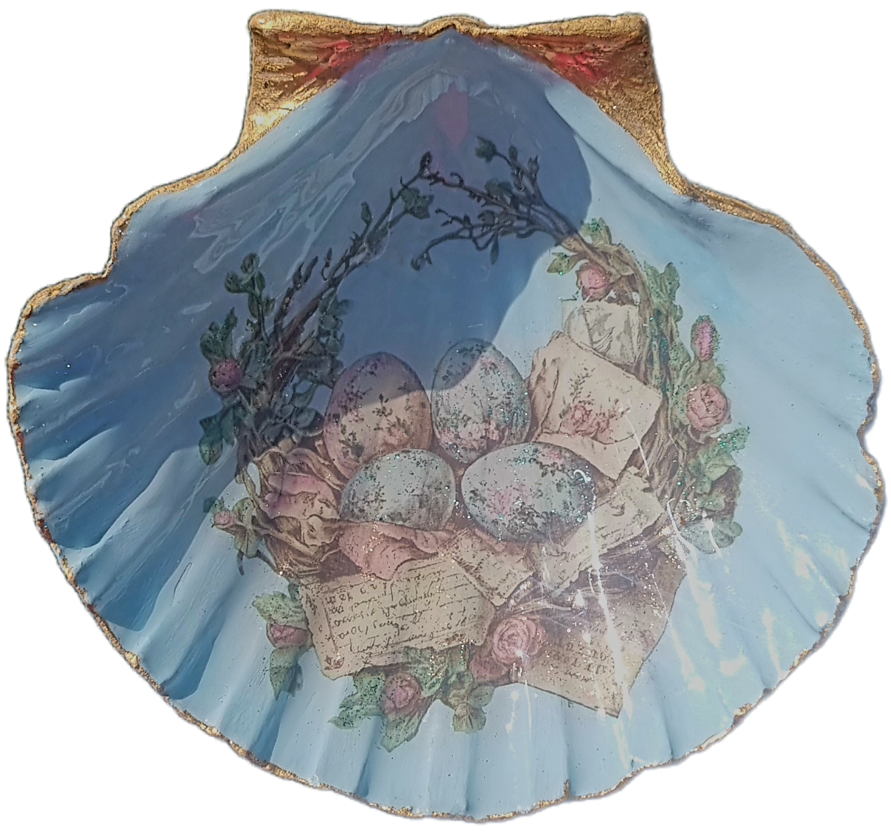 Shell Art - Scallop - Vintage Egg Basket on Pastel Blue - Trinket Dish
