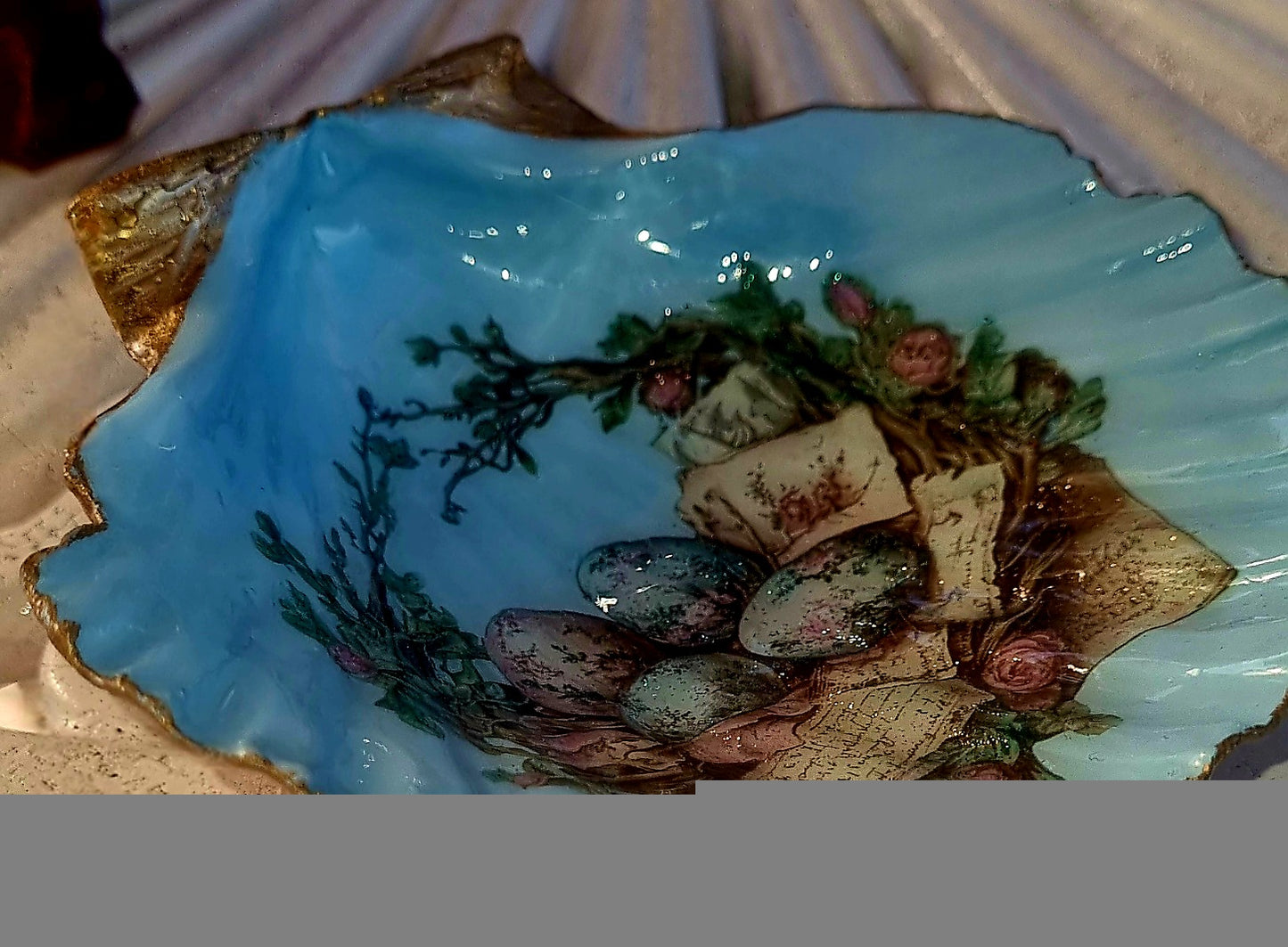 Shell Art - Scallop - Vintage Egg Basket on Pastel Blue - Trinket Dish