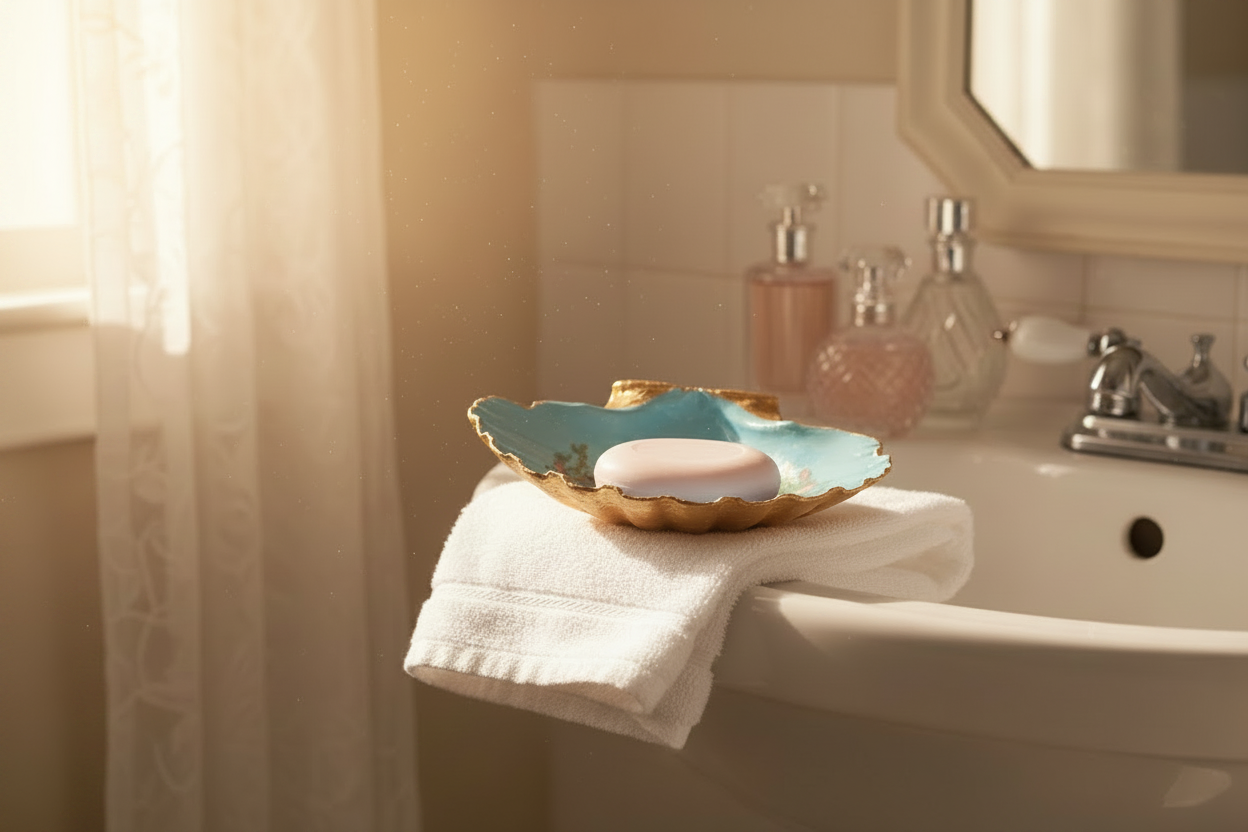 Shell Art - Scallop - Vintage Egg Basket on Pastel Blue - Trinket Dish