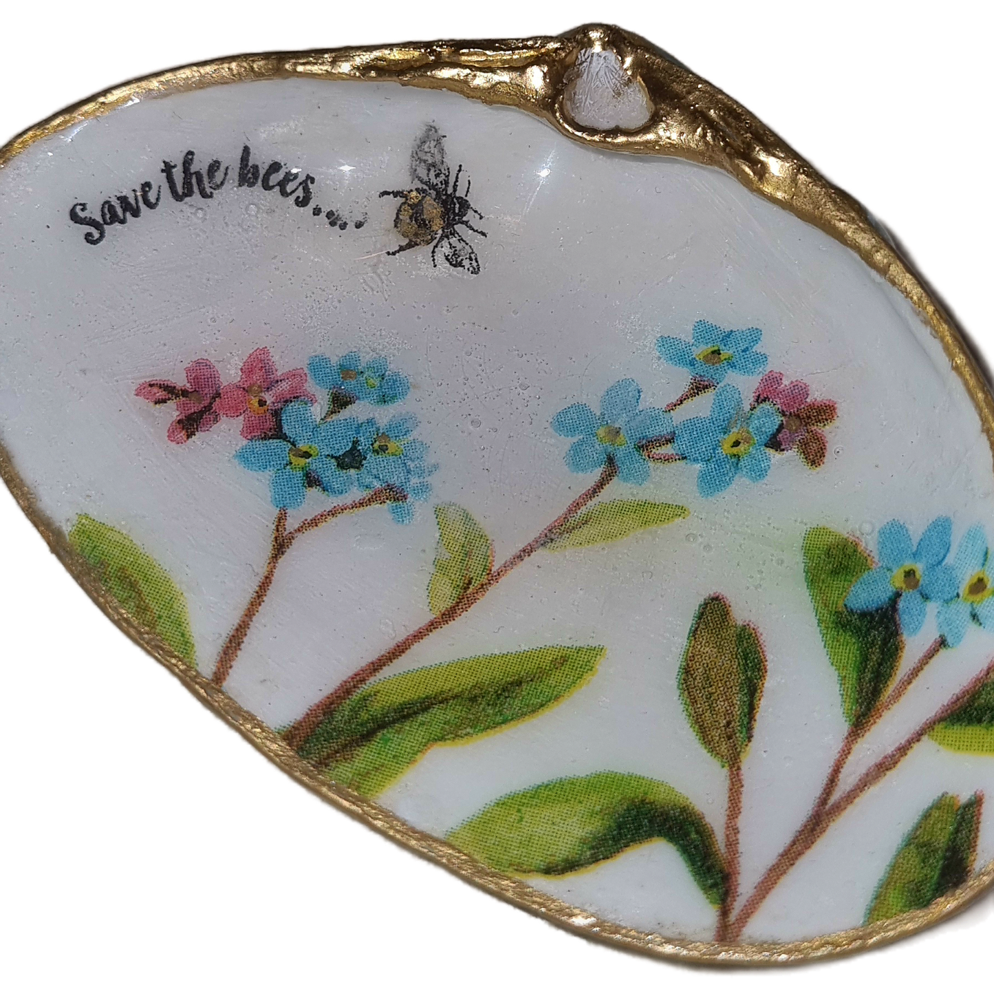 Shell Art - Surf Clam - Trinket Dish 'Forget Me Nots... 'Save the Bees 🐝'
