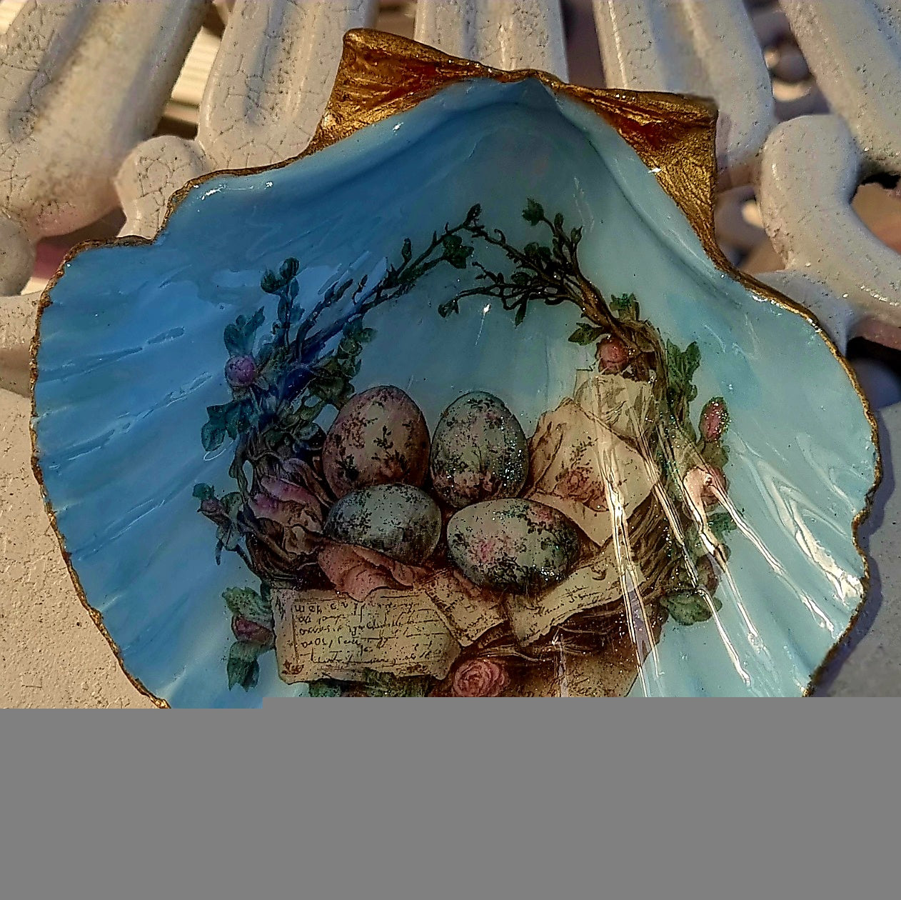 Shell Art - Scallop - Vintage Egg Basket on Pastel Blue - Trinket Dish