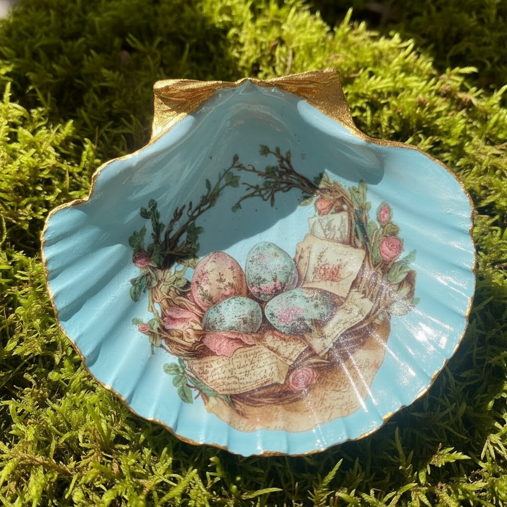 Shell Art - Scallop - Vintage Egg Basket on Pastel Blue - Trinket Dish