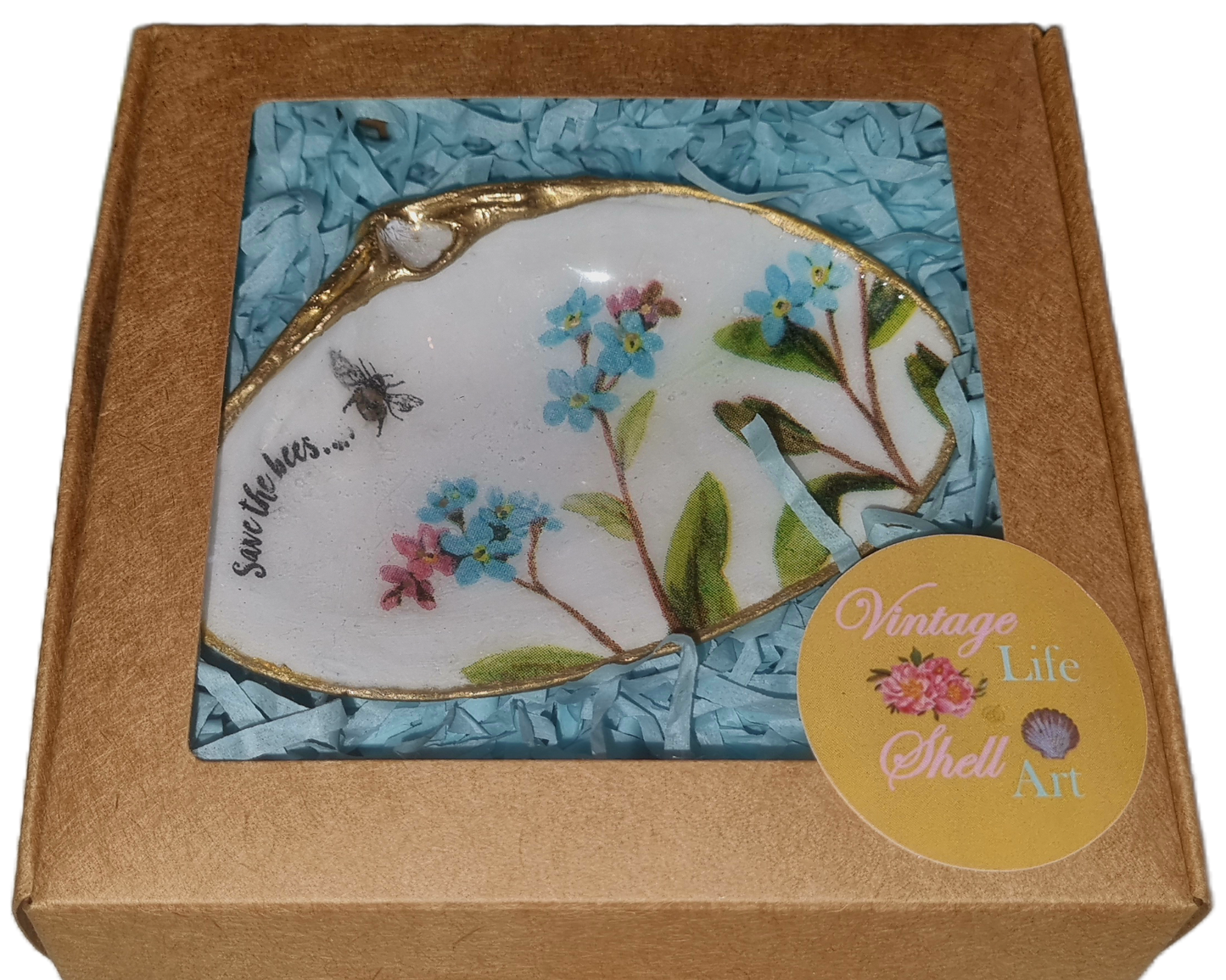 Shell Art - Surf Clam - Trinket Dish 'Forget Me Nots... 'Save the Bees 🐝'