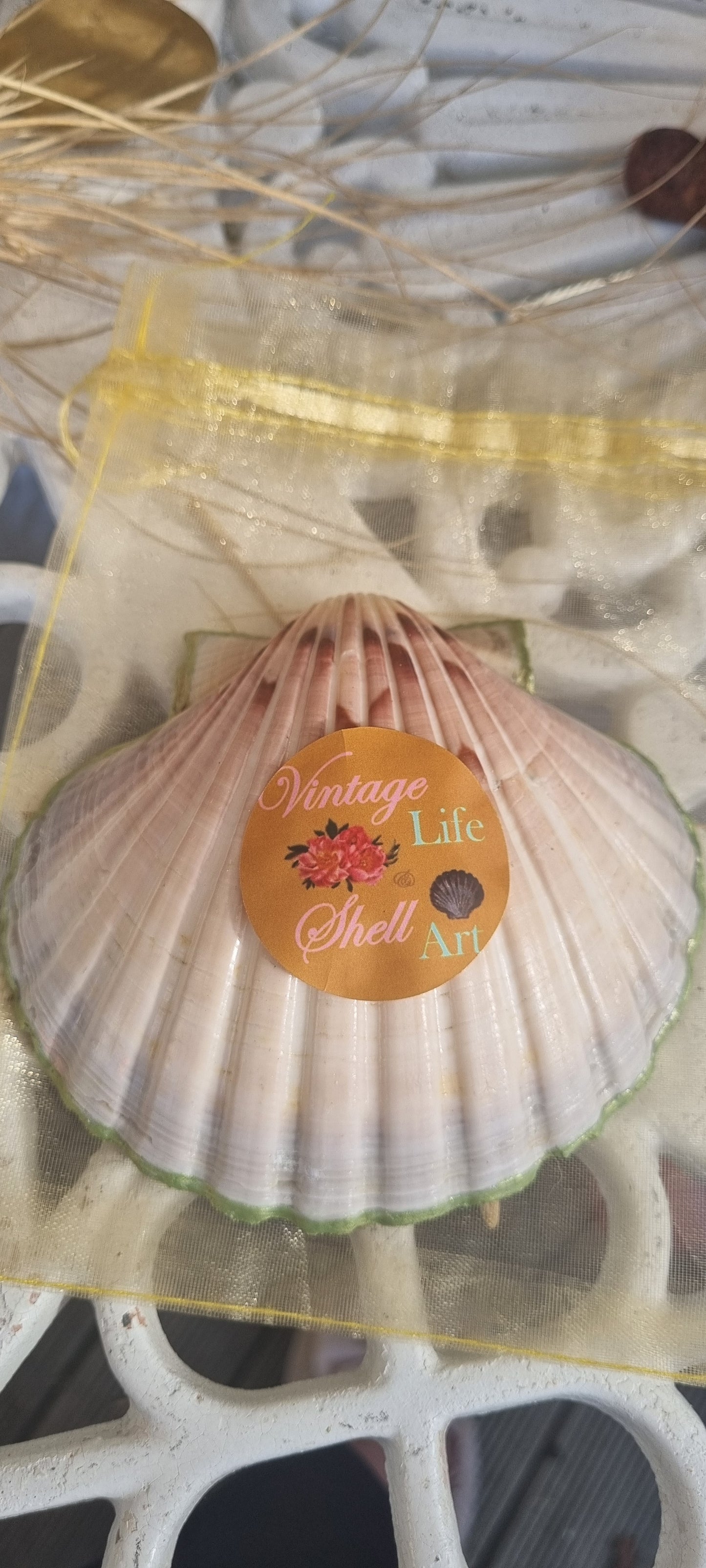 Pink, Red & Peridot Green Rose NZ Scallop Shell Art/Trinket Dish