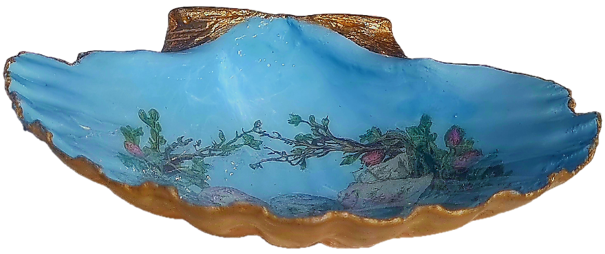 Shell Art - Scallop - Vintage Egg Basket on Pastel Blue - Trinket Dish