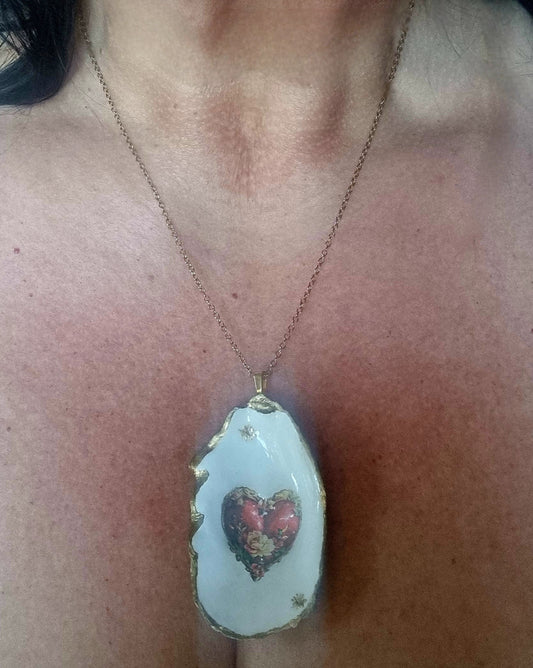 Oyster Shell - Red Heart ❤️ & Stars 🌟 Gold Tone SS Pendant Necklace