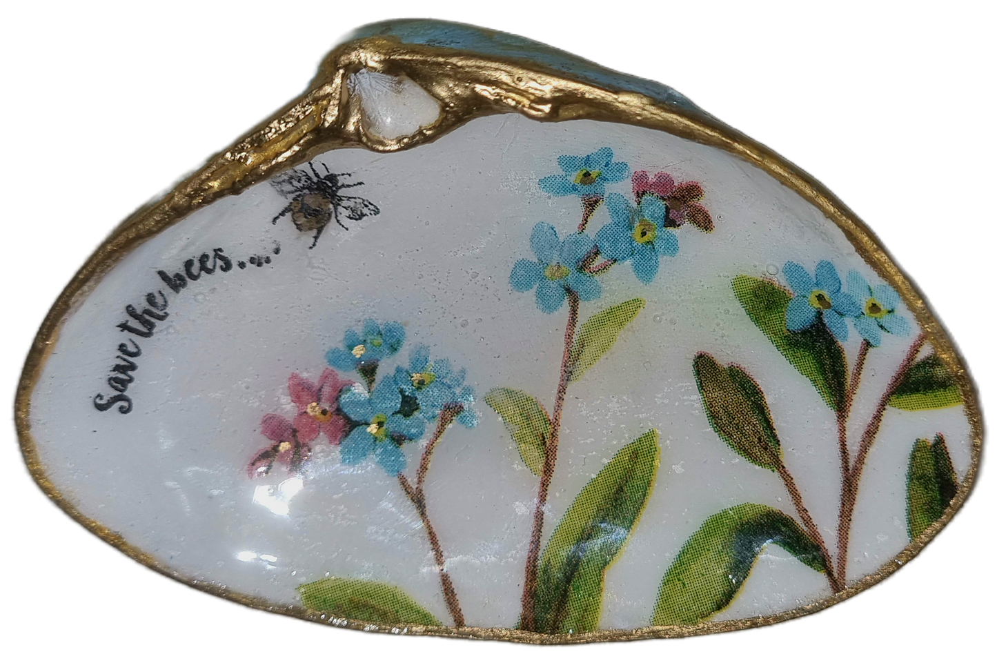 Shell Art - Surf Clam - Trinket Dish 'Forget Me Nots... 'Save the Bees 🐝'